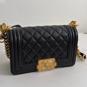 Black Quilted Leather Boy Bag with Gold Chain